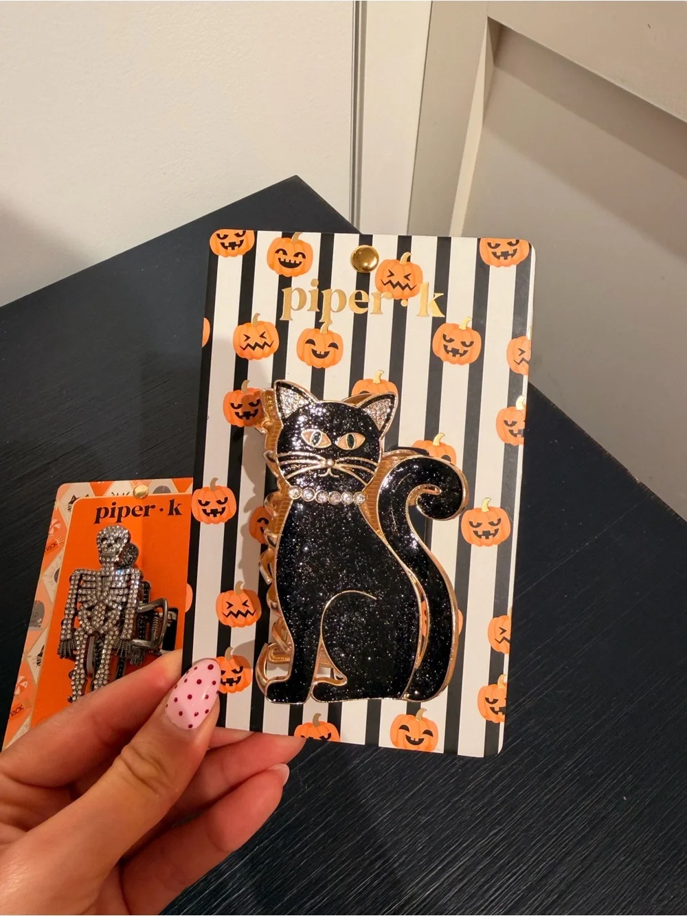 Piper hair clip black cat and skeleton Halloween collection
